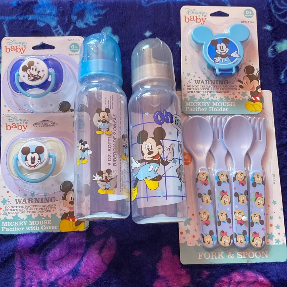 Disney Mickey Mouse Blue Bundle Bottles, Pacifiers/Clip and Spoons/Forks NWT